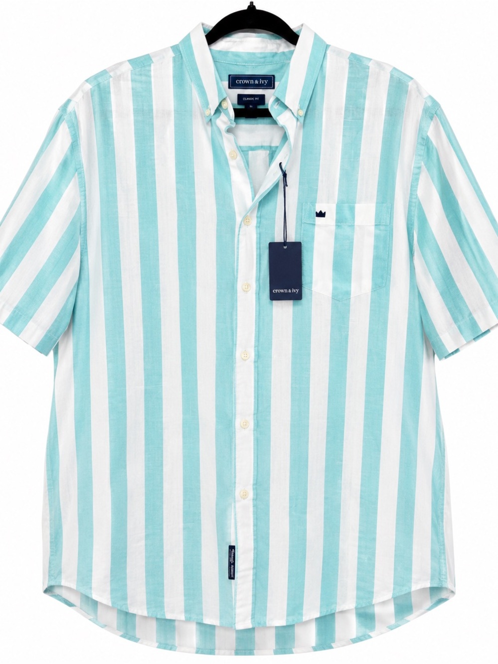 Crown & Ivy Southern Shirt Men XL Aqua White Striped Linen Blend Button up NWT